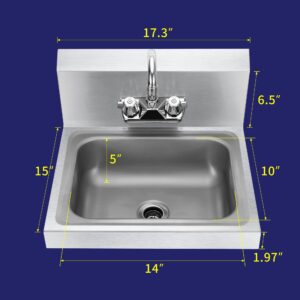 BIEAMA 17" x 15" Wall Mount Stainless Steel Sink, NSF Commercial Hand Basin, Strainer and Faucet Included for Home, Stores, Restaurants, Bars, etc