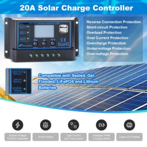 Nicesolar 20A 12V 24V Solar Charge Controller PWM Regulator for Solar Panel kit System for AGM Lead Acid Gel Sealed Flooded and Lithium Battery, LiFePO4 Lithium Ion Phosphate Deep Cycle Battery