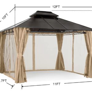 COOSHADE 10×10 Polycarbonate Roof Patio Gazebos Double Vent Waterproof Outdoor Gazebo with Curtains and Mosquito Netting (Dark Grey)