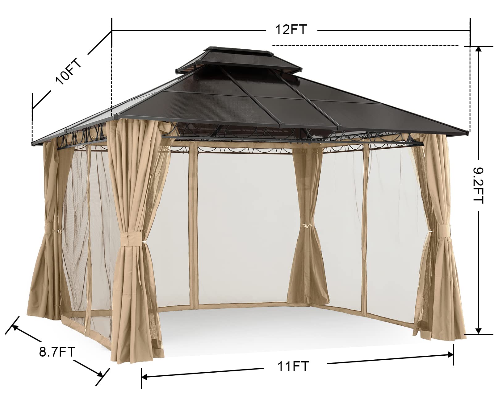 COOSHADE 10×10 Polycarbonate Roof Patio Gazebos Double Vent Waterproof Outdoor Gazebo with Curtains and Mosquito Netting (Dark Grey)