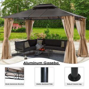 COOSHADE 10×10 Polycarbonate Roof Patio Gazebos Double Vent Waterproof Outdoor Gazebo with Curtains and Mosquito Netting (Dark Grey)