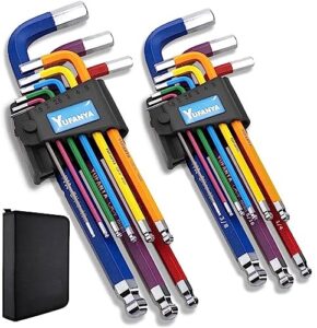 yufanya 18-piece allen wrenches sets,premium quality sae/metric hex key set in portable case,durable industrial crv made,long arm ball end, multicolor coding