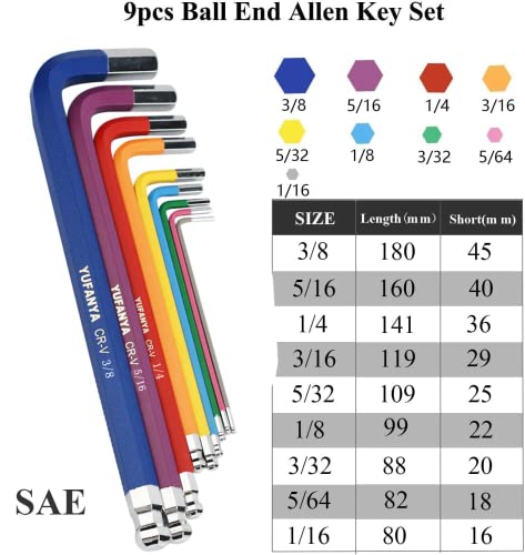 YUFANYA 18-Piece Allen Wrenches Sets,Premium Quality SAE/Metric Hex Key Set in Portable Case,Durable Industrial CRV Made,Long Arm Ball End, Multicolor Coding