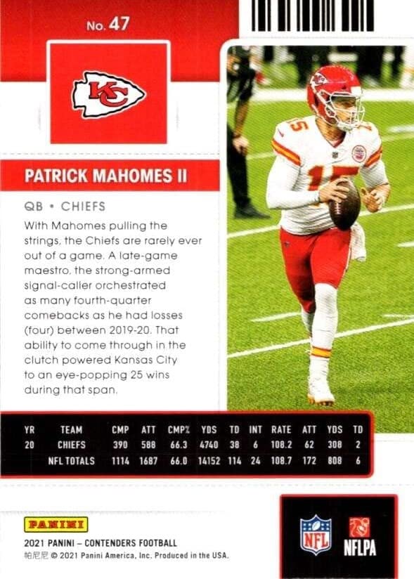 2021 Panini Contenders Season Ticket #47 Patrick Mahomes II Kansas City Chiefs Official NFL Football Trading Card