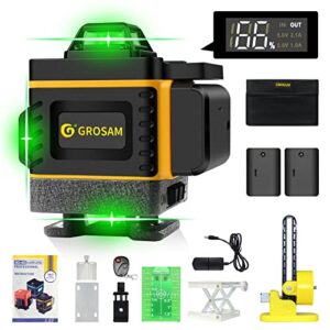 grosam laser level, 16-line green laser level for self-leveling of buildings and picture hangings, two 360° vertical lines and two 360° horizontal lines with battery power detection