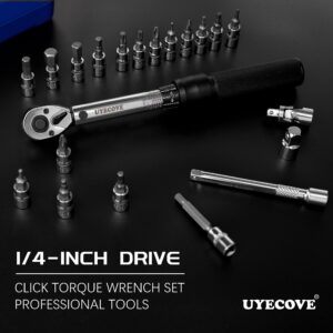 UYECOVE 1/4-Inch Drive Click Torque Wrench 26pcs Set, 20-200in.lb/ 2.26-22.6Nm, Bike Torque Wrench Set with Extension Bar Adaptor & Sockets, High Accuracy Dual-Direction Reversible