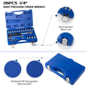 UYECOVE 1/4-Inch Drive Click Torque Wrench 26pcs Set, 20-200in.lb/ 2.26-22.6Nm, Bike Torque Wrench Set with Extension Bar Adaptor & Sockets, High Accuracy Dual-Direction Reversible