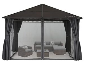 cooshade 10×12 polycarbonate roof patio gazebos waterproof outdoor gazebo with curtains and mosquito netting (dark grey)