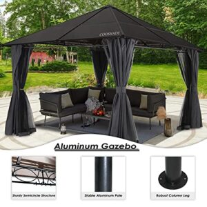 COOSHADE 10×12 Polycarbonate Roof Patio Gazebos Waterproof Outdoor Gazebo with Curtains and Mosquito Netting (Dark Grey)