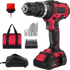 cordless drill 20v, electric power drill drivers set 1/2'' keyless metal chuck, 2.0ah lithium-ion battery & fast charger, 2 variable speed,350 in-lb torque, 16+3 stage settings & 42 pcs drill bits (a)