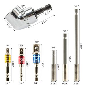 7-in-1 Impact Drill Bit Extension, 1/4" Magnetic Drill Bit Holder in Length of 3", 4", 6", Quick Change Socket Adapter of 1/4", 3/8", 1/2", Tricky Corner Saver 105 Degree Right Angle Drill Attachment