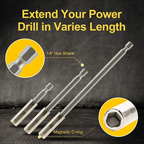 7-in-1 Impact Drill Bit Extension, 1/4" Magnetic Drill Bit Holder in Length of 3", 4", 6", Quick Change Socket Adapter of 1/4", 3/8", 1/2", Tricky Corner Saver 105 Degree Right Angle Drill Attachment