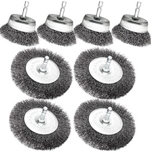 8 pack wire brush for drill, daduori 3-4 inches wire wheel cup brush set, drill wire brushes for fast cleaning rust or multipurpose grinding (1/4" hex shank)