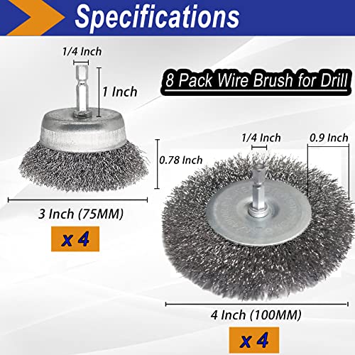 8 Pack Wire Brush for Drill, DaduoRi 3-4 Inches Wire Wheel Cup Brush Set, Drill Wire Brushes for Fast Cleaning Rust or Multipurpose Grinding (1/4" Hex Shank)