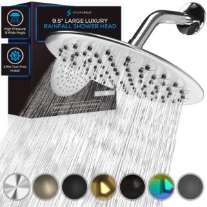 sparkpod 9.5 inch large rain shower head - luxury rainfall shower head - high pressure showerhead, full body coverage with anti-clog silicone nozzles -no hassle, easy install (1/2 npt, chrome)