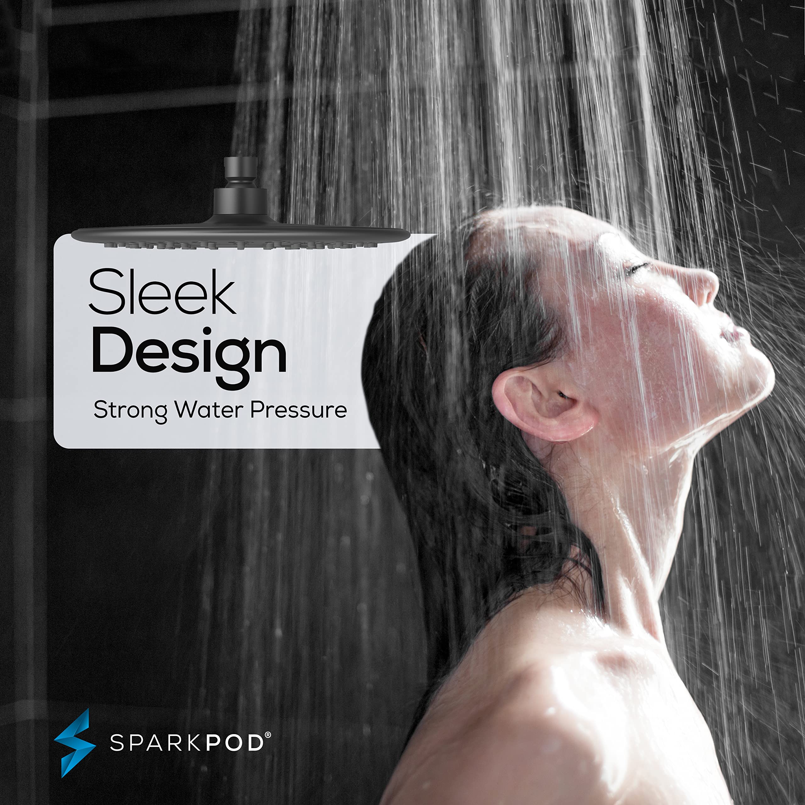 SparkPod 9.5 Inch Large Rain Shower Head - Luxury Rainfall Shower Head - High Pressure Showerhead, Full Body Coverage with Anti-Clog Silicone Nozzles - No Hassle, Easy Install (1/2 NPT, Black Matte)