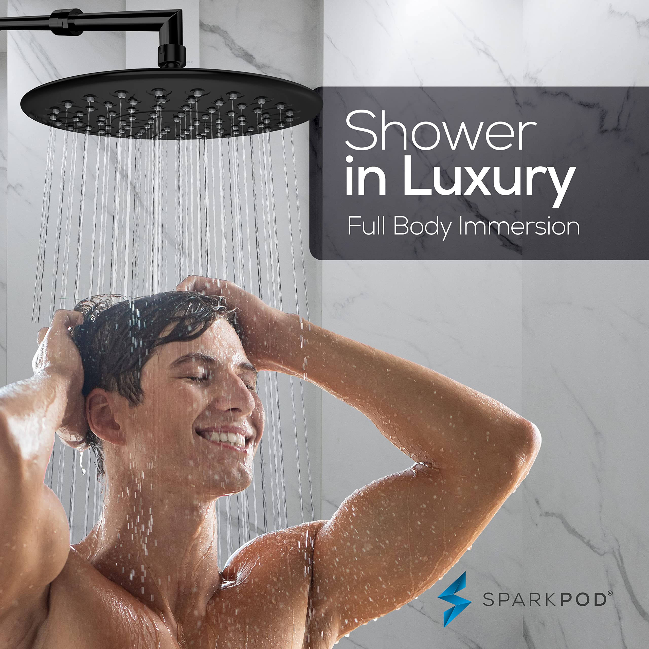 SparkPod 9.5 Inch Large Rain Shower Head - Luxury Rainfall Shower Head - High Pressure Showerhead, Full Body Coverage with Anti-Clog Silicone Nozzles - No Hassle, Easy Install (1/2 NPT, Black Matte)