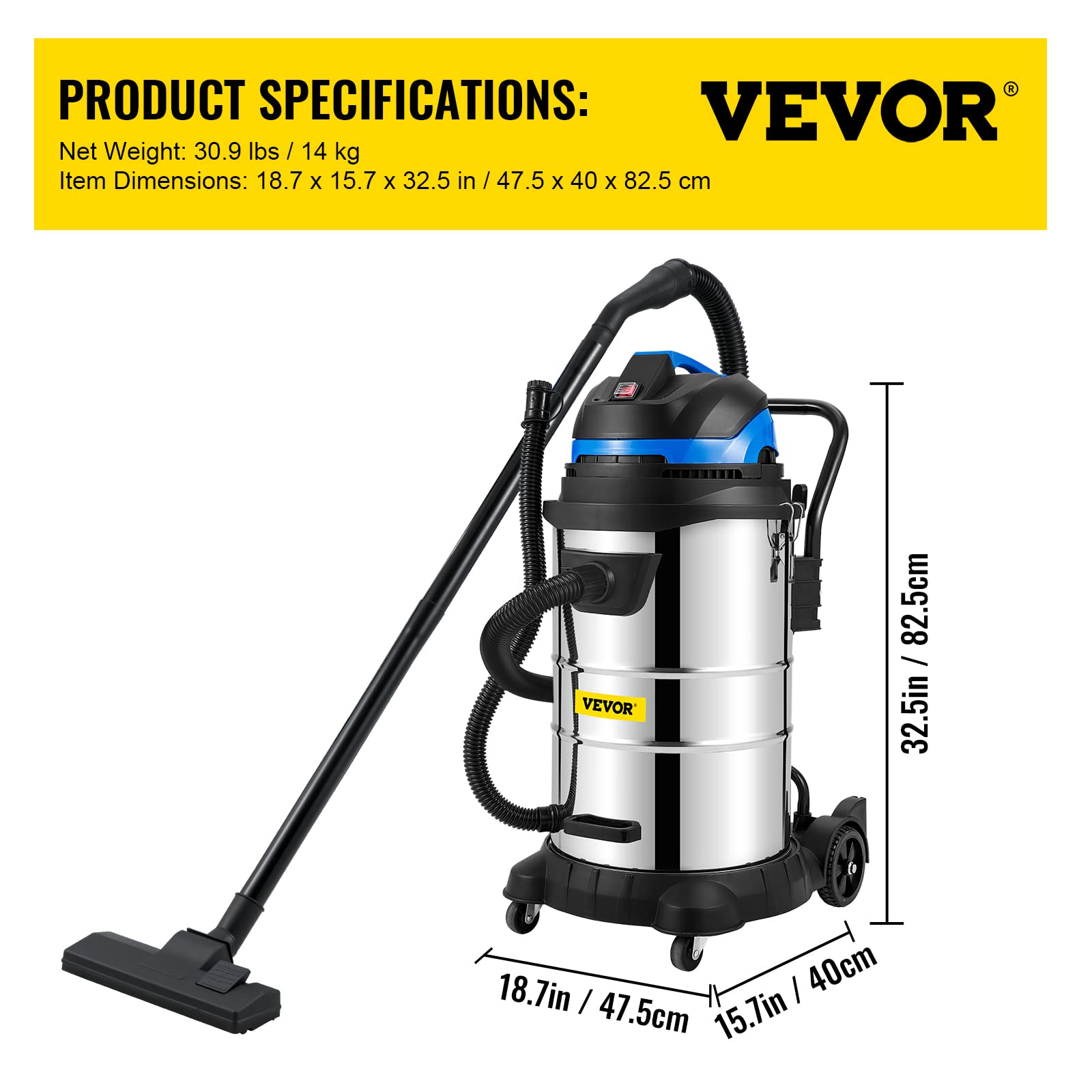 VEVOR Heavy-Duty Shop Vacuum 3 Hepa Dust Collector, 13.5 GAL, Silver,Black