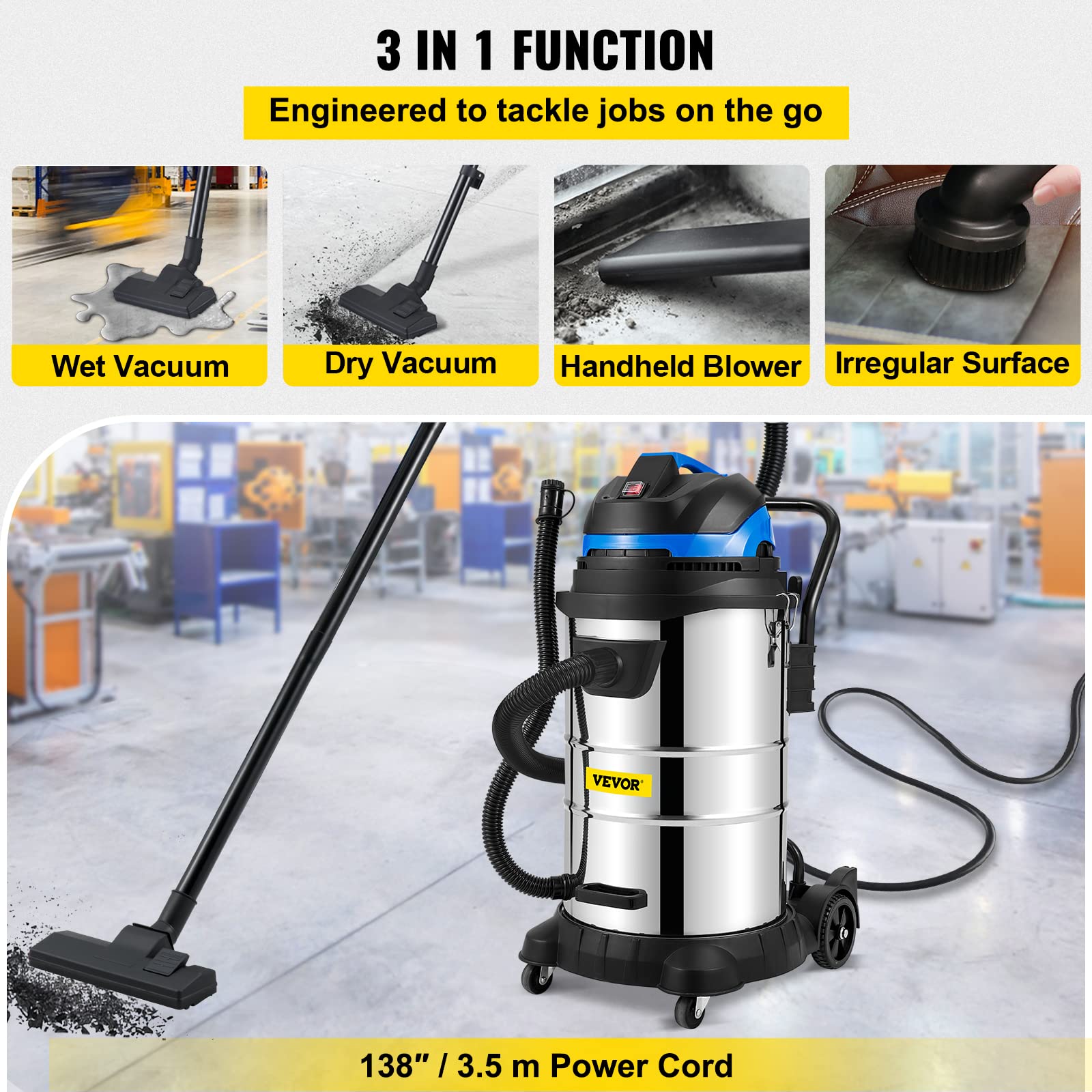 VEVOR Heavy-Duty Shop Vacuum 3 Hepa Dust Collector, 13.5 GAL, Silver,Black