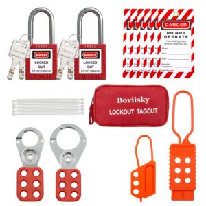 boviisky lockout tagout kit with red safety padlocks, hasps set, loto tags, bag, electrical lock out tag out kits, keyed different, 2 keys per locks
