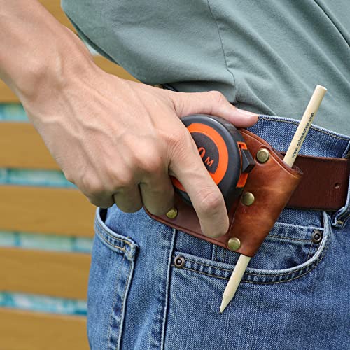 TOURBON Leather Clip on Tape Measure Holder Measuring Tape Holster with Pencil Pouch