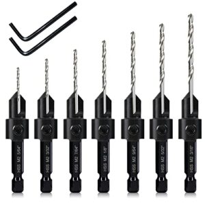 7 pack countersink drill bits set, wood drill countersink counterbore 3in1, three 82-degree chamfer cutters, m2 counterbore cutting depth adjustable, with 2 allen wrenches and 1/4” hex shank