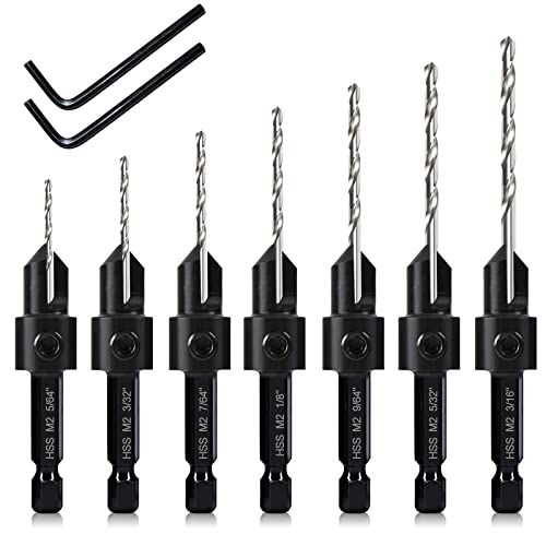 7 Pack Countersink Drill Bits Set, Wood Drill Countersink Counterbore 3in1, Three 82-Degree Chamfer Cutters, M2 Counterbore Cutting Depth Adjustable, with 2 Allen Wrenches and 1/4” Hex Shank