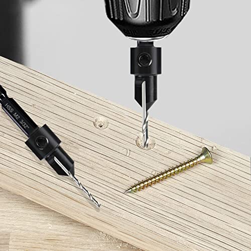 7 Pack Countersink Drill Bits Set, Wood Drill Countersink Counterbore 3in1, Three 82-Degree Chamfer Cutters, M2 Counterbore Cutting Depth Adjustable, with 2 Allen Wrenches and 1/4” Hex Shank