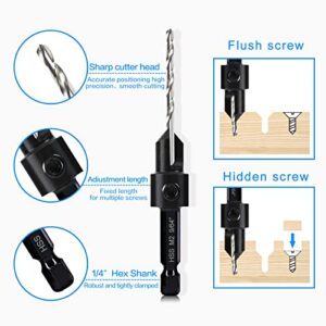 7 Pack Countersink Drill Bits Set, Wood Drill Countersink Counterbore 3in1, Three 82-Degree Chamfer Cutters, M2 Counterbore Cutting Depth Adjustable, with 2 Allen Wrenches and 1/4” Hex Shank