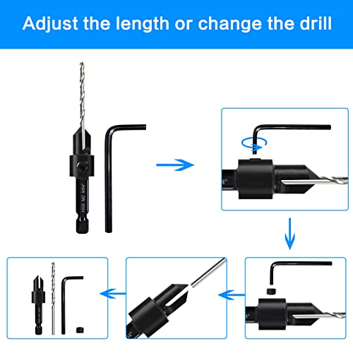 7 Pack Countersink Drill Bits Set, Wood Drill Countersink Counterbore 3in1, Three 82-Degree Chamfer Cutters, M2 Counterbore Cutting Depth Adjustable, with 2 Allen Wrenches and 1/4” Hex Shank