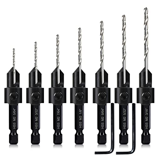 7 Pack Countersink Drill Bits Set, Wood Drill Countersink Counterbore 3in1, Three 82-Degree Chamfer Cutters, M2 Counterbore Cutting Depth Adjustable, with 2 Allen Wrenches and 1/4” Hex Shank