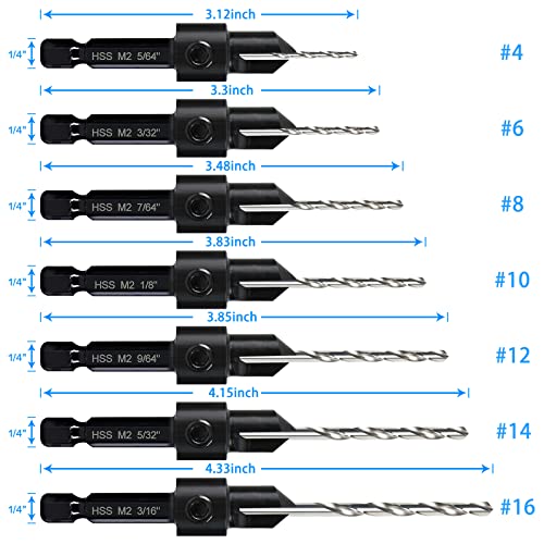 7 Pack Countersink Drill Bits Set, Wood Drill Countersink Counterbore 3in1, Three 82-Degree Chamfer Cutters, M2 Counterbore Cutting Depth Adjustable, with 2 Allen Wrenches and 1/4” Hex Shank