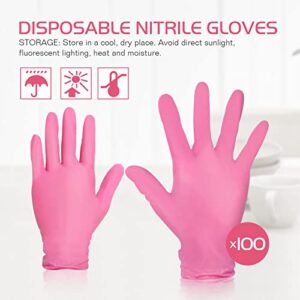 ranrose Disposable Nitrile Gloves Pink Medium,100PCS Pink Non Latex Gloves Medium Cleaning Disposable Latex Free Medium Gloves for Nail Tech Gloves (Pink-M)