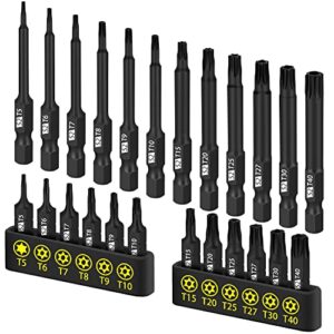 horusdy 24-piece tamper resistant star bits, s2 alloy steel, 1" and 2.3" long t5 - t40 security torx bit set.