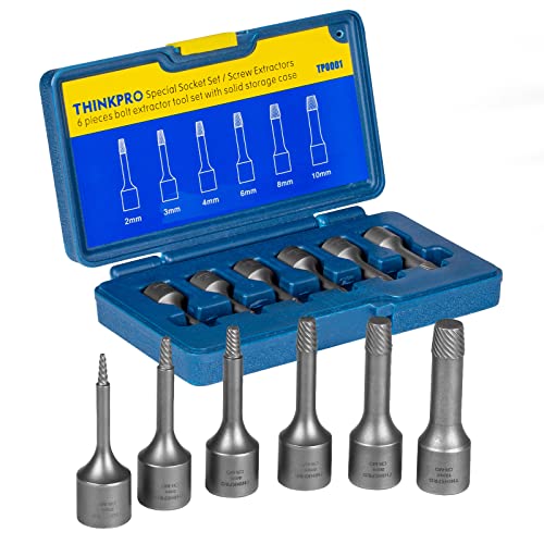 THINKPRO 6PCS Screw Extractor Set, Extended Version 3/8" Inch Drive Stripped Screw Remover, 2-in-1 Functional Easy Out Bolt Extractor Set, for Removing Broken Studs, Bolts, Screws