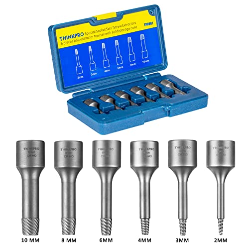 THINKPRO 6PCS Screw Extractor Set, Extended Version 3/8" Inch Drive Stripped Screw Remover, 2-in-1 Functional Easy Out Bolt Extractor Set, for Removing Broken Studs, Bolts, Screws