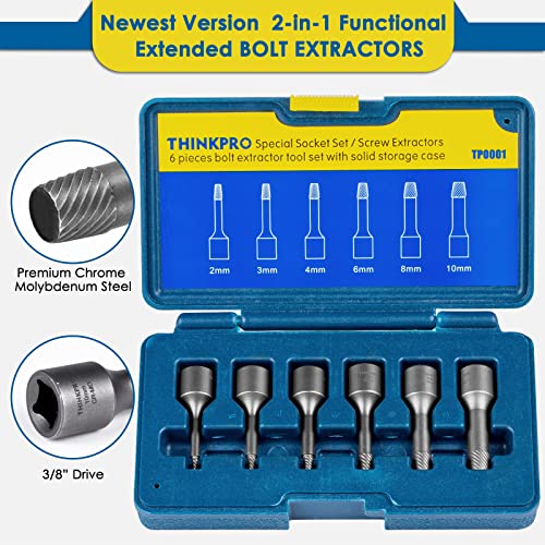 THINKPRO 6PCS Screw Extractor Set, Extended Version 3/8" Inch Drive Stripped Screw Remover, 2-in-1 Functional Easy Out Bolt Extractor Set, for Removing Broken Studs, Bolts, Screws