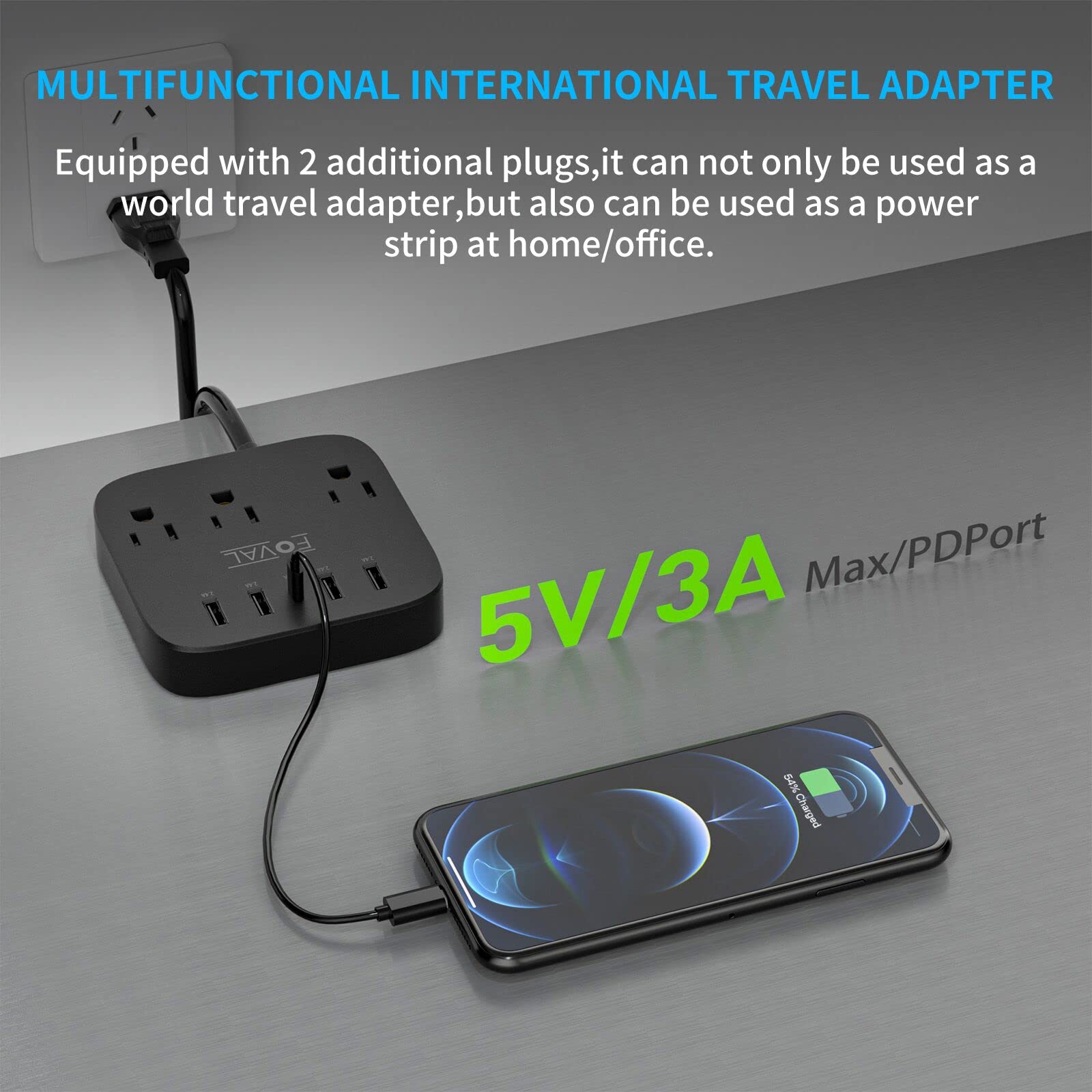 European Travel Plug Adapter, FOVAL EU UK US Power Strip with USB C and 4 USB Ports, 3 AC Outlets, Wall Mountable, 5ft Extension Cord, Compact for Travel, Cruise Ship, Home Office (Black)