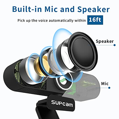 SUPCAM 4K UHD Webcam, AI Auto Framing, Gesture Control 3X Zoomable, USB Webcam with Microphone for Desktop, Streaming Web Cam with Speaker, Rotatable Privacy Cover and Tripod, Wide Compatibility