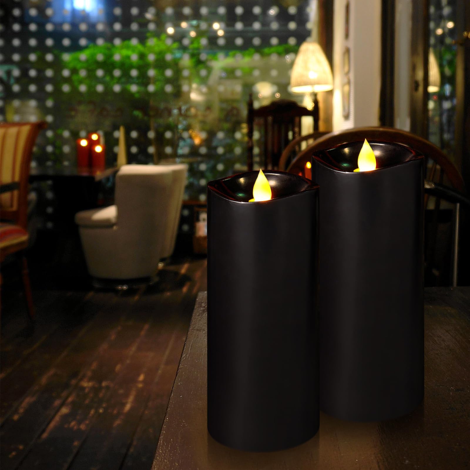 Enpornk 7” x 3” Flameless Candles, Flickering Moving Flame LED Candles, Battery Operated Candles with Remote and Timers, Black, Set of 2