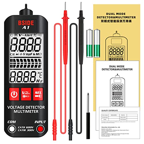 BSIDE Digital Multimeter 3-Results Display Pocket Smart Auto Range Voltmeter Resistance Frequency Continuity V-Alert Live Wire Voltage Tester with Flashlight, Black