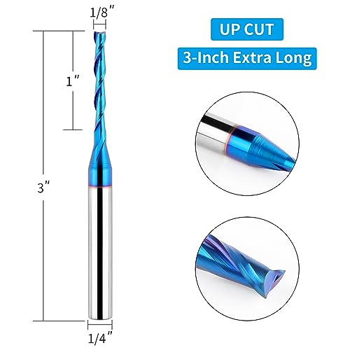 EANOSIC Upcut Spiral Router Bit 1/4 inch Shank, 1/8 inch Cutting Diameter, Extra Long 3 inch Solid Carbide with Nano Blue Coating CNC Router Bits End Mill for Wood Cut, Carving