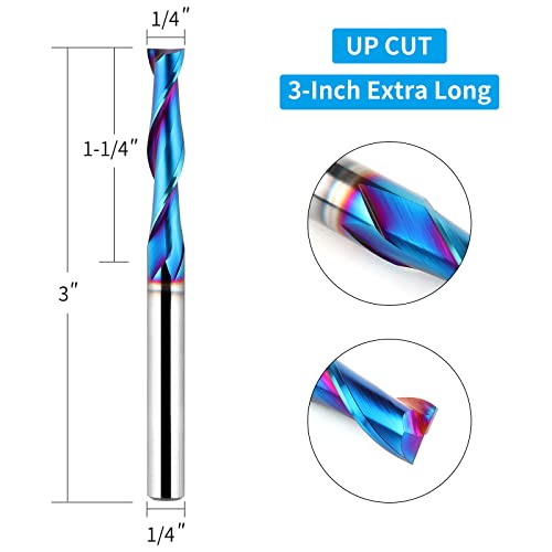 EANOSIC Upcut Spiral Router Bit 1/4 inch Shank, 1/4 inch Cutting Diameter, Extra Long 3 inch Solid Carbide with Nano Blue Coating CNC Router Bits End Mill for Wood Cut, Carving