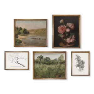 vintage farmhouse botanical wall decor | landscape neutral floral wall art for boho french country kitchen bathroom bedroom picture poster print i flower room decor aesthetic cottagecore plant 5 set