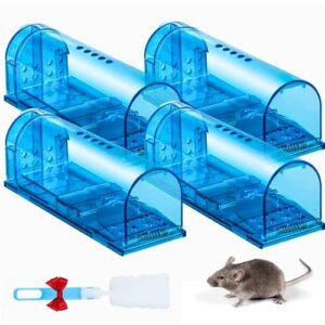 humane mouse traps indoor for home/outdoor, live catch and release mice traps, no kill mouse catcher, easy to set and reusable humane trap, safe for families and pets 4 pack blue