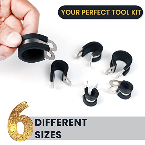 Brexxty 52 PCS Cable Clamps Assortment kit—304 Stainless Steel Wire Clamps of 6 Sizes—1/4" 5/16" 3/8" 1/2" 5/8" 3/4"—To Bundle, Clamp, & Protect Wires, Pipes, & Cables