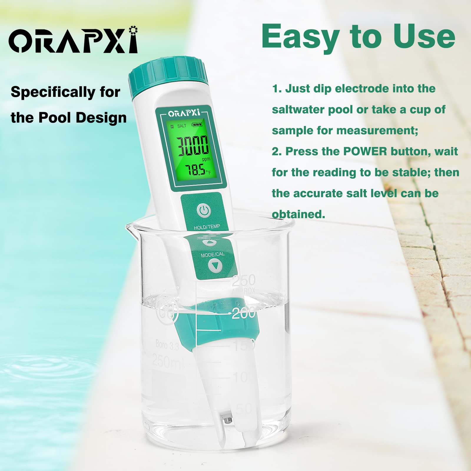 ORAPXI Salt Water Pool Tester Professional Salinity Meter for Sodium Chloride Swimming Pool and Spa Salt Tester Range 0-9000ppm