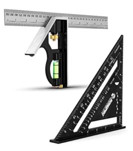 rongpro rafter square and combination square tool set, 7 inch triangle carpenter square die-cast aluminum alloy and 12 inch zinc-alloy die-casting combo square ruler - rafter square layout tool