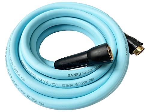 SANFU Hybrid Garden Water Hose 5/8 IN X 25 FT, 180PSI, Heavy Duty, Lightweight, Flexible Non-Kinking with Swivel Grip Handle Female and 3/4" GHT Solid Brass Fittings, Drinking Water Hose For RV, Azure