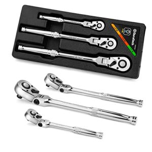 duratech 3-piece flex-head ratchet set, 1/4", 3/8", 1/2" drive ratchet, 72-tooth with quick-release reversible design, chrome alloy made, fully polished, organized in storage case